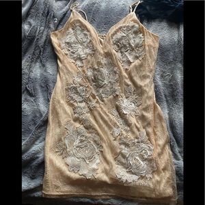 Nude lace embroidered mini dress